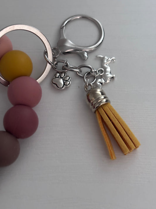 Hand‑Beaded Wristlet Keyring | Earthy Autumn Tones & Leopard Print with Dog and Paw‑Print Charms