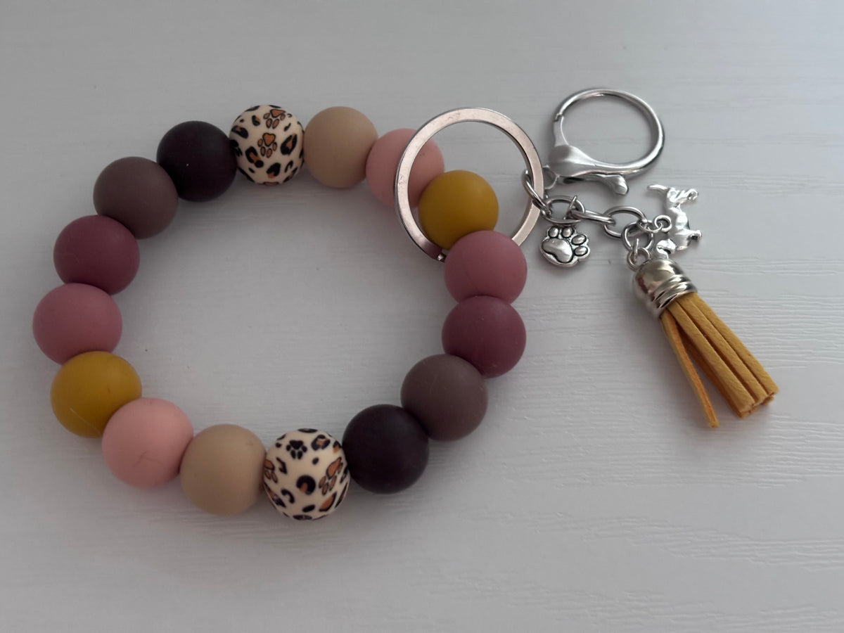 Hand‑Beaded Wristlet Keyring | Earthy Autumn Tones & Leopard Print with Dog and Paw‑Print Charms