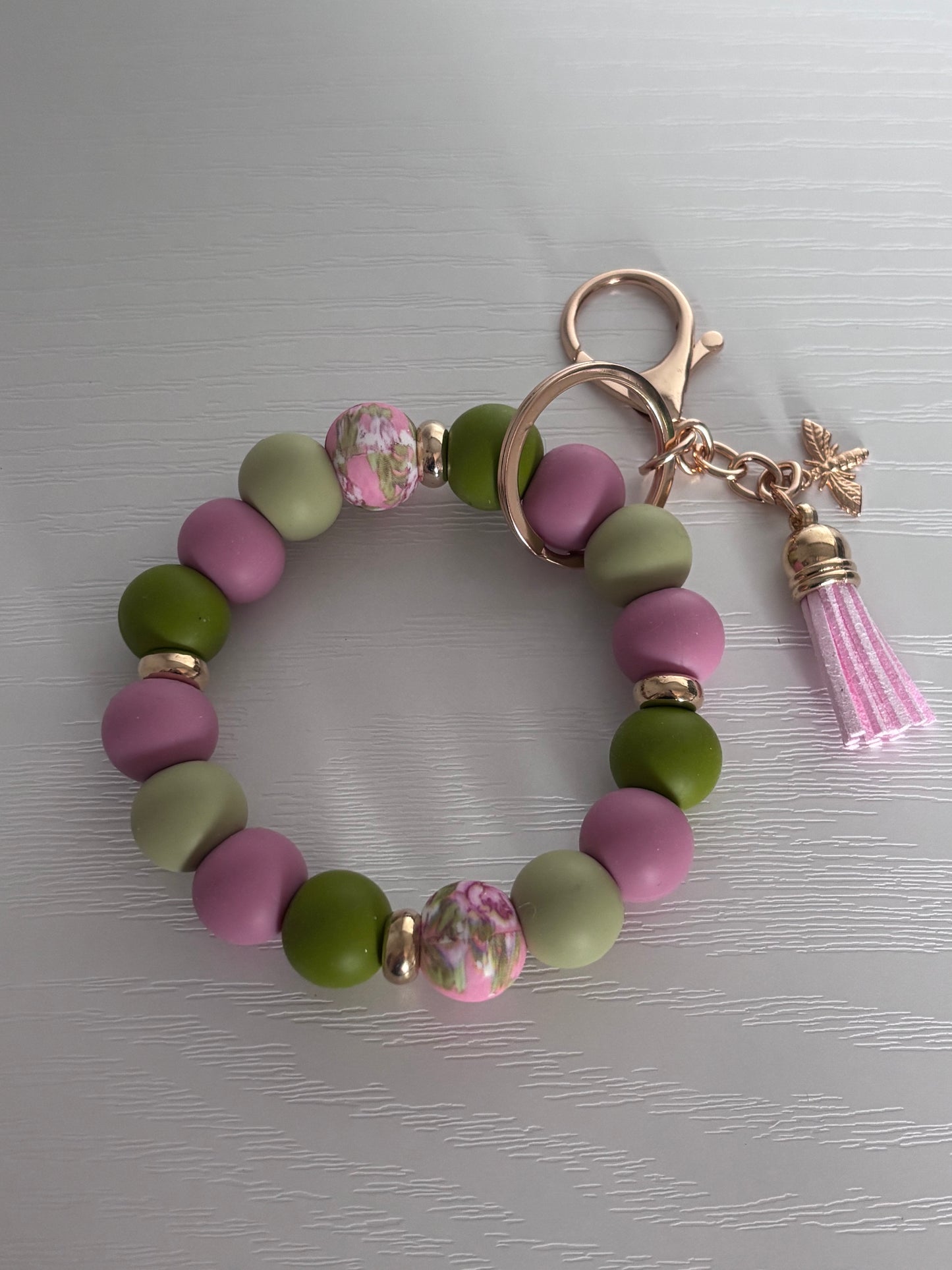 Hand‑Beaded Wristlet Key‑ring | Olive, Sage & Dusty Pink with Bee Charm