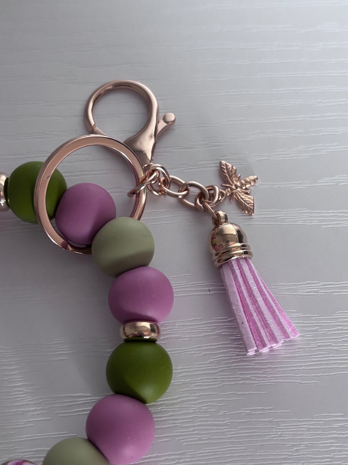 Hand‑Beaded Wristlet Key‑ring | Olive, Sage & Dusty Pink with Bee Charm