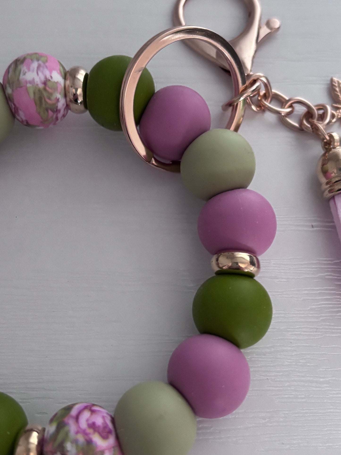 Hand‑Beaded Wristlet Key‑ring | Olive, Sage & Dusty Pink with Bee Charm