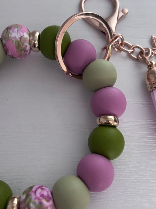 Hand‑Beaded Wristlet Key‑ring | Olive, Sage & Dusty Pink with Bee Charm