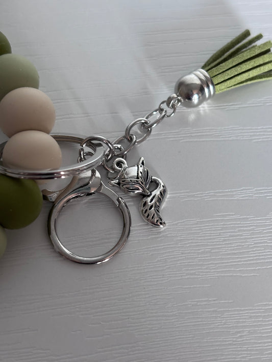 Hand‑Beaded Wristlet Keyring | Forest Greens, Beige & Camo Print with Fox Charm