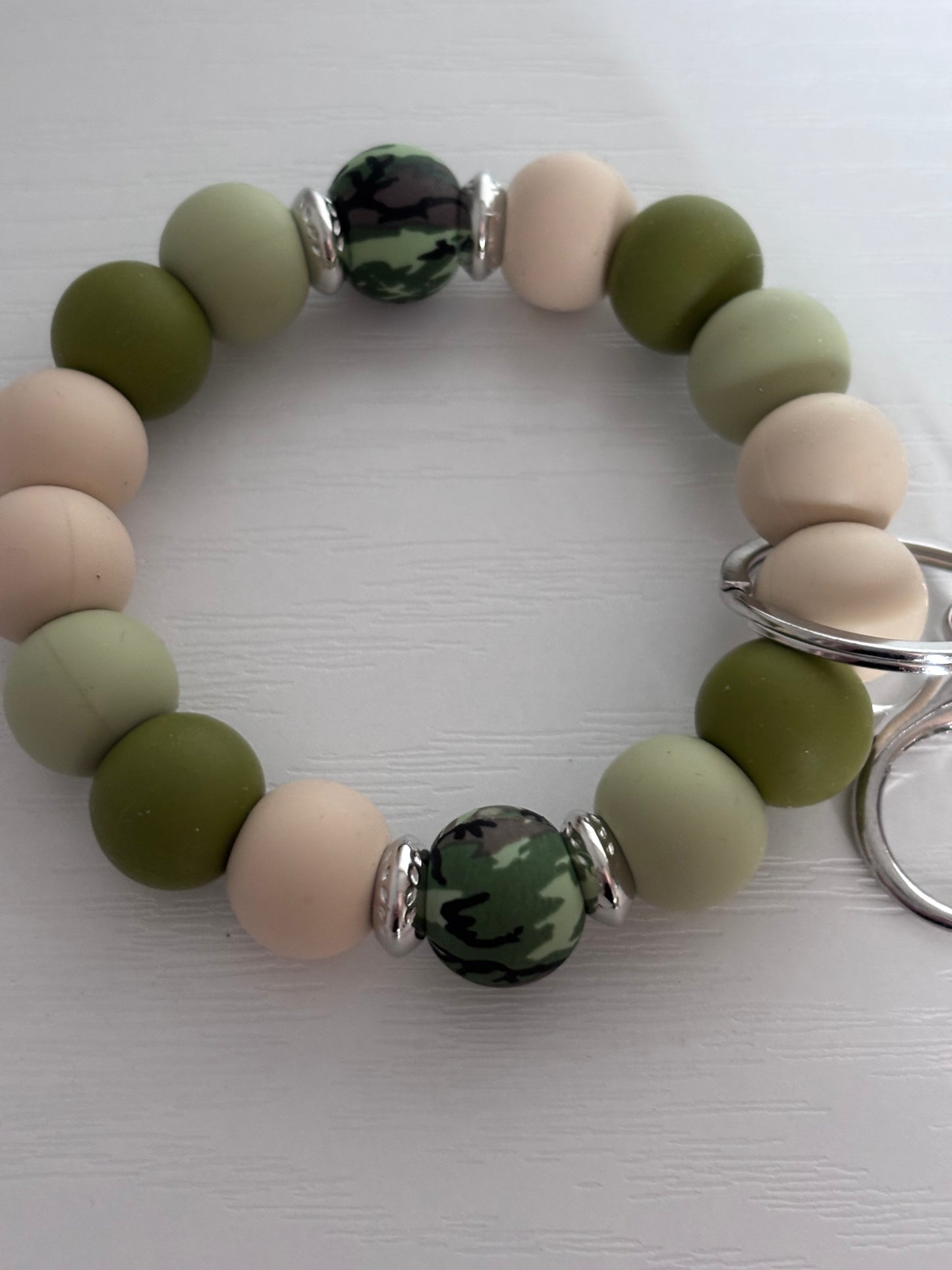 Hand‑Beaded Wristlet Keyring | Forest Greens, Beige & Camo Print with Fox Charm