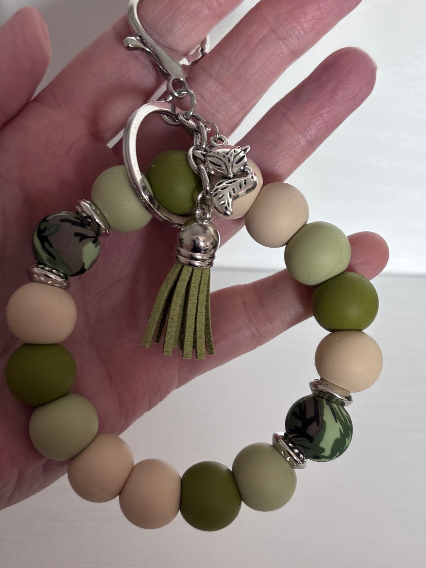 Hand‑Beaded Wristlet Keyring | Forest Greens, Beige & Camo Print with Fox Charm