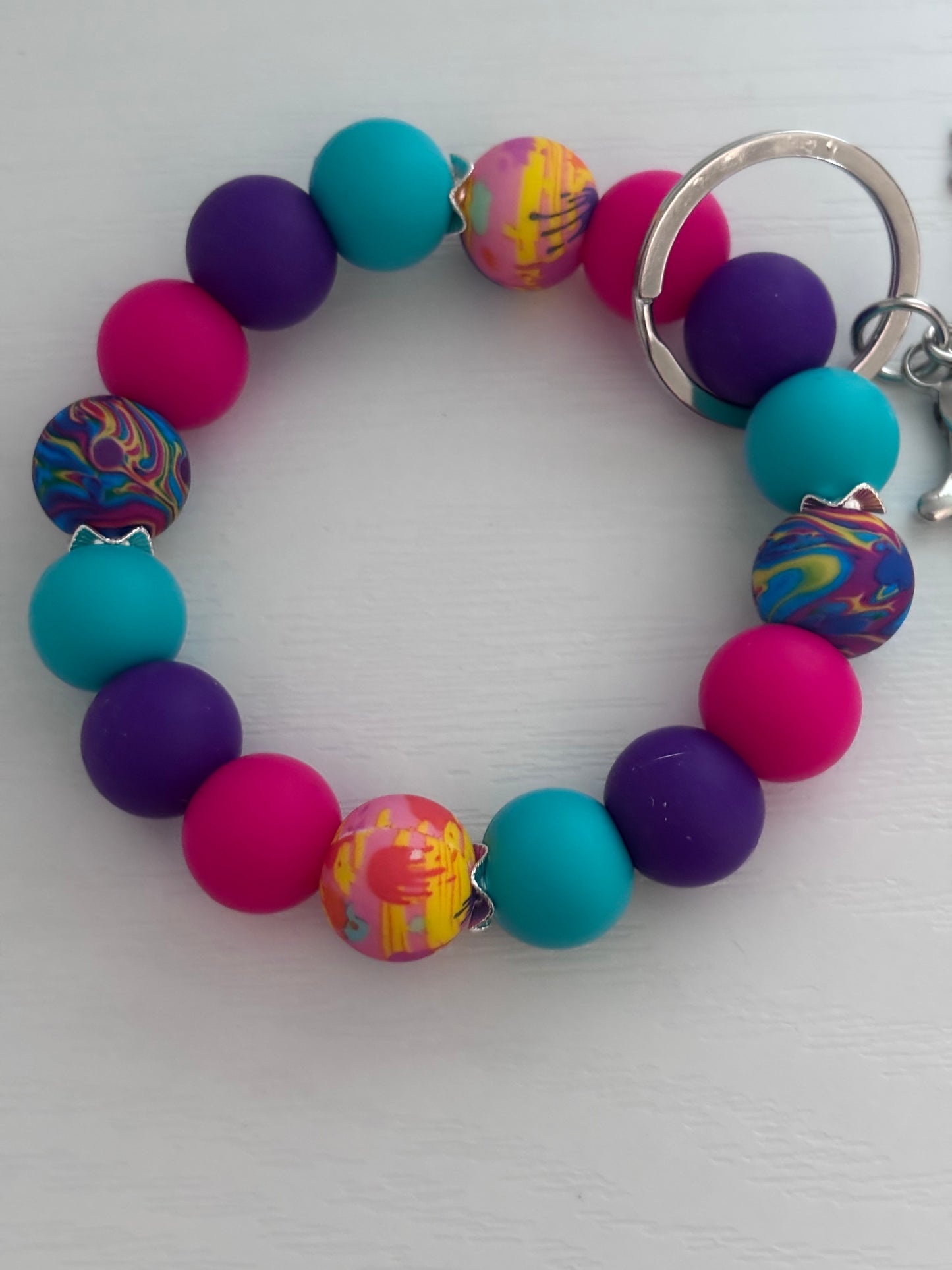 Hand‑Beaded Wristlet Keyring | Bright Multicolour Swirl Beads with Octopus Charm
