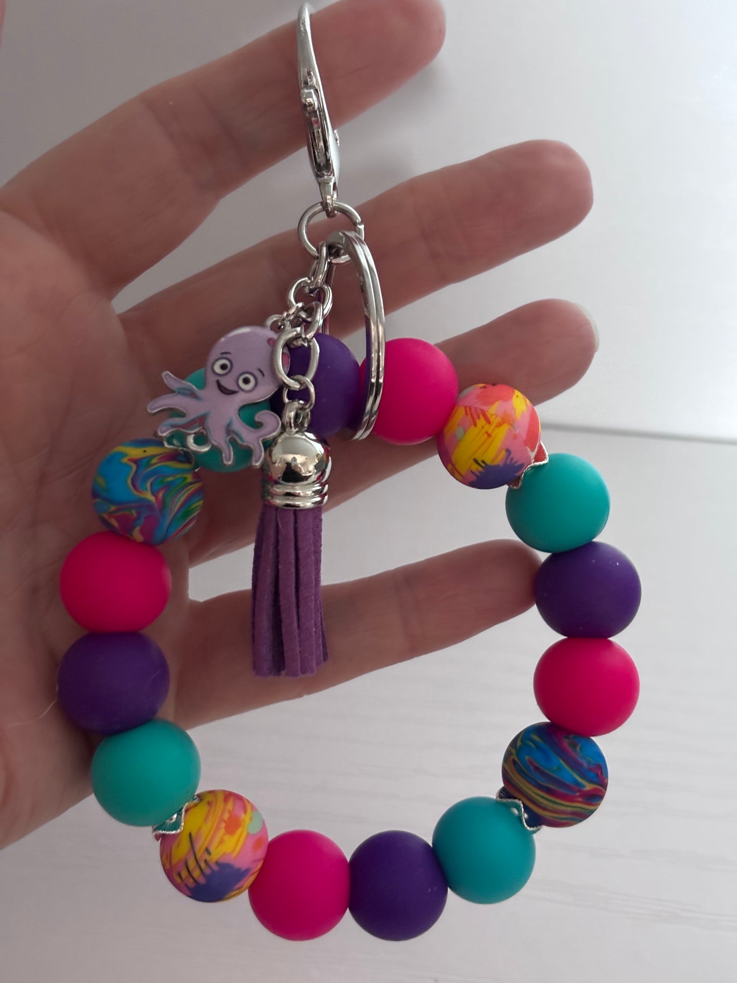 Hand‑Beaded Wristlet Keyring | Bright Multicolour Swirl Beads with Octopus Charm