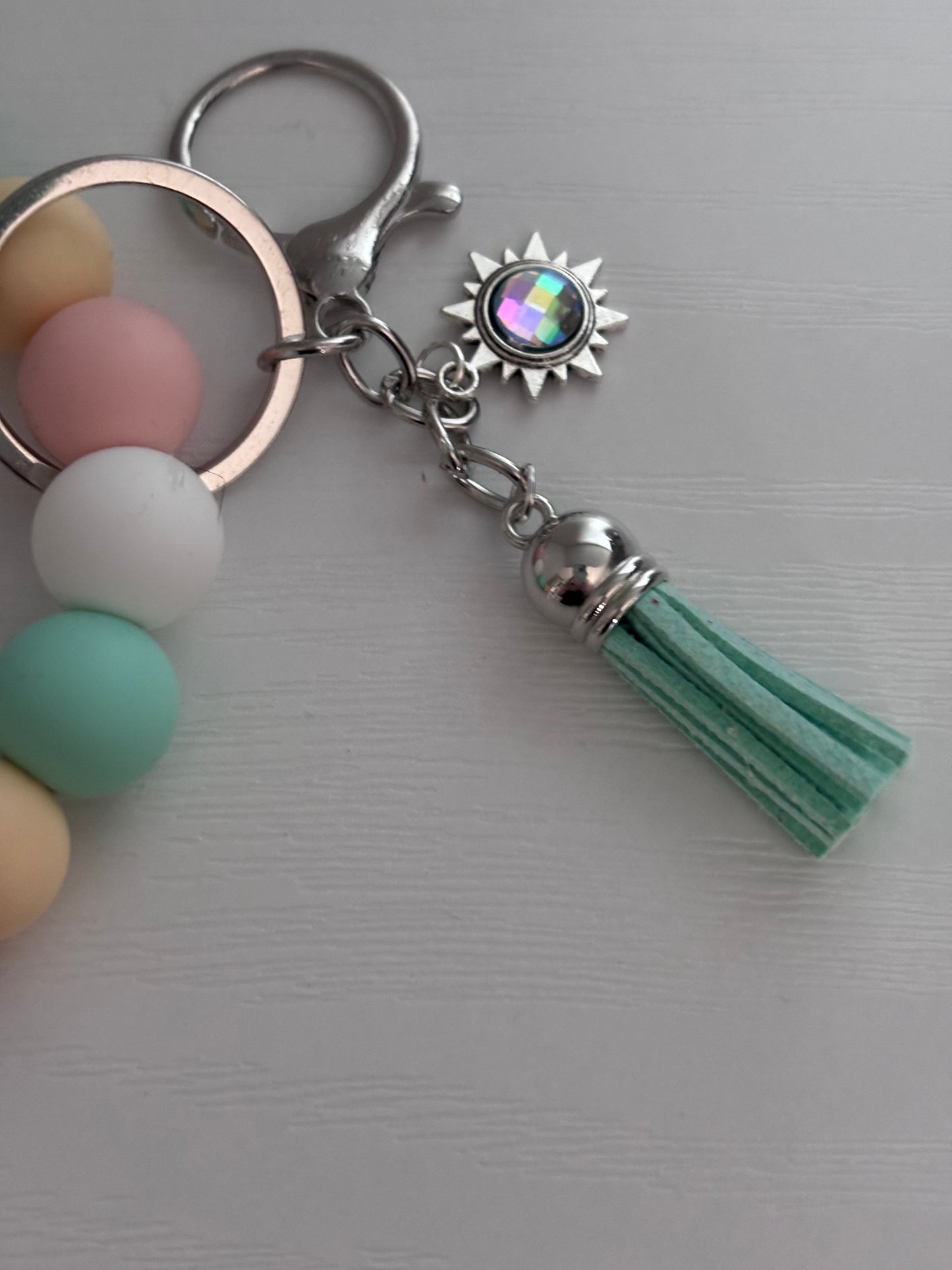 Hand‑Beaded Wristlet Keyring | Pastel Peach, Pink, Mint & White with Sun Charm