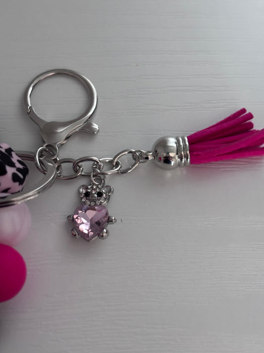 Hand‑Beaded Wristlet Keyring | Hot Pink, Black & Pale Pink Leopard Print with Teddy Bear Charm