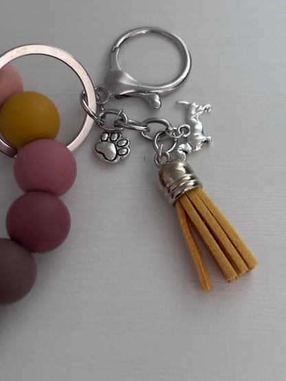 Hand‑Beaded Wristlet Keyring | Earthy Autumn Tones & Leopard Print with Dog and Paw‑Print Charms