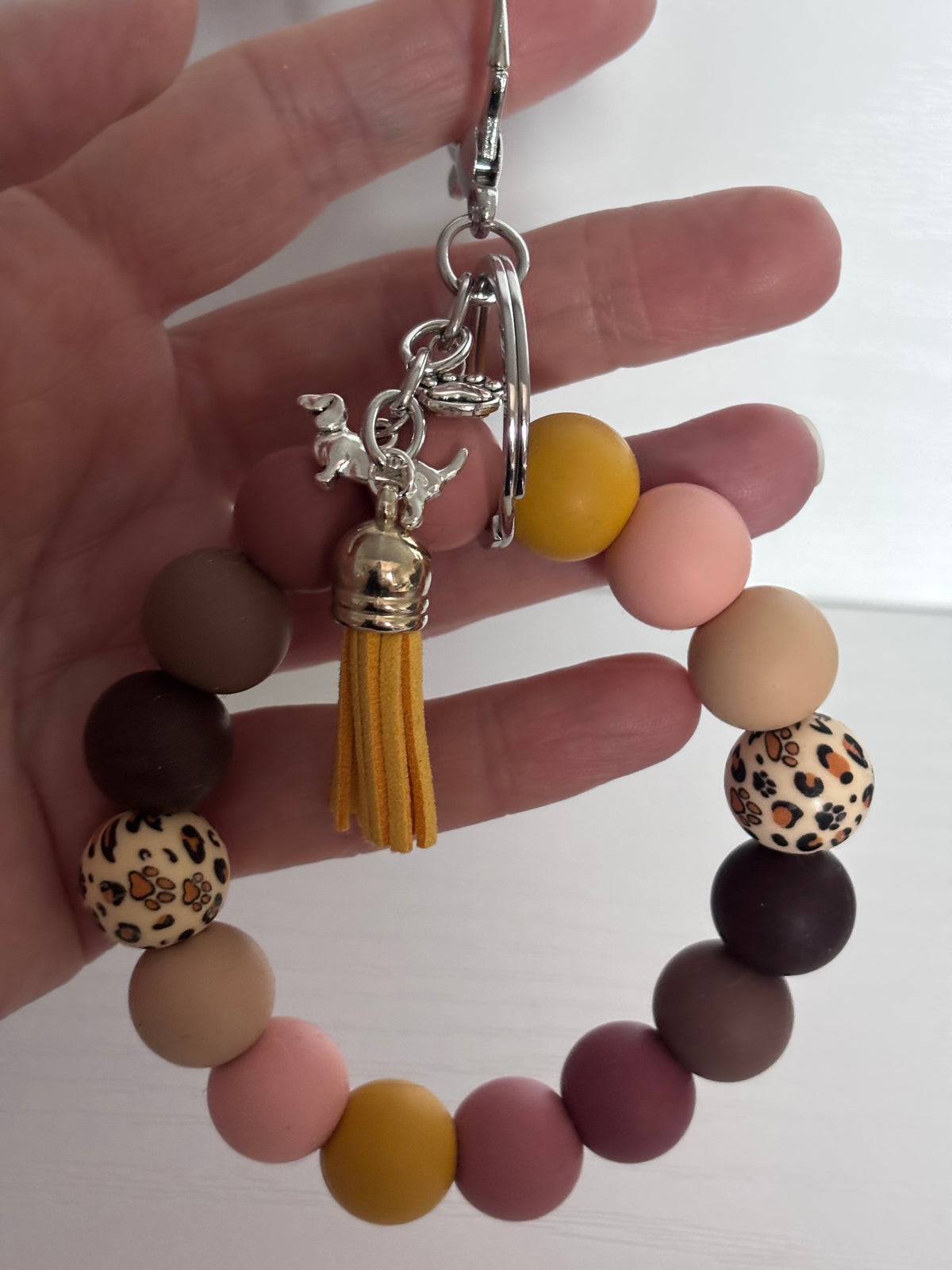 Hand‑Beaded Wristlet Keyring | Earthy Autumn Tones & Leopard Print with Dog and Paw‑Print Charms