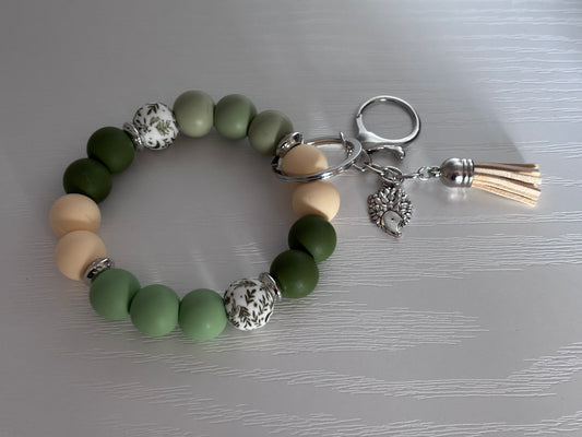 Hand‑Beaded Wristlet Keyring | Forest & Soft Greens, Cream & Hedgehog Charm
