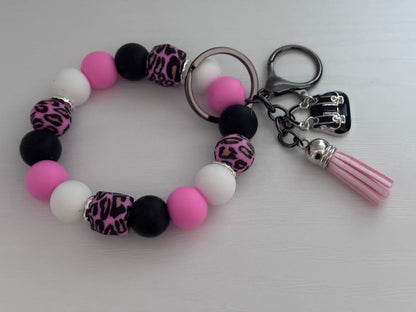 Hand‑Beaded Wristlet Keyring | Pink, Black & Leopard Print with Handbag Charm
