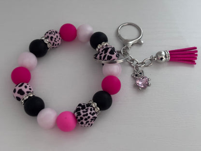 Hand‑Beaded Wristlet Keyring | Hot Pink, Black & Pale Pink Leopard Print with Teddy Bear Charm