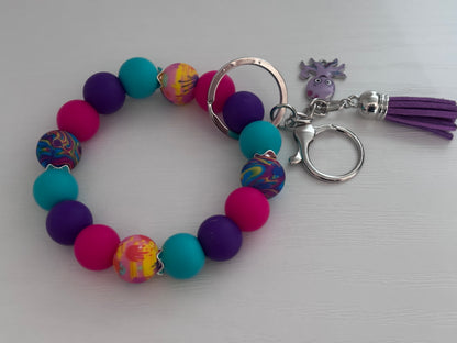 Hand‑Beaded Wristlet Keyring | Bright Multicolour Swirl Beads with Octopus Charm