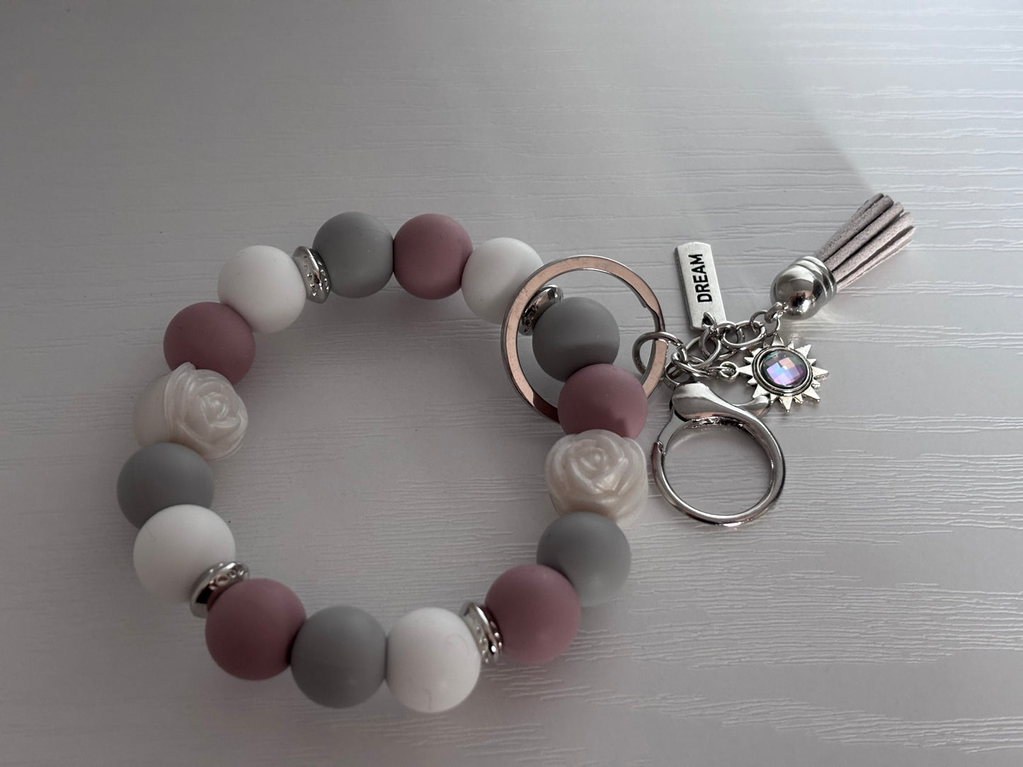 Hand‑Beaded Wristlet Keyring | Dusty Pink, Grey & White with “DREAM” Charm