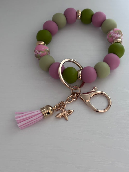 Hand‑Beaded Wristlet Key‑ring | Olive, Sage & Dusty Pink with Bee Charm