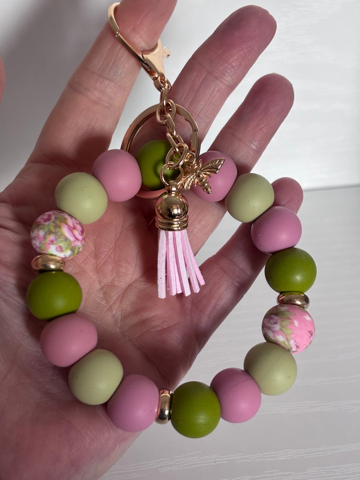 Hand‑Beaded Wristlet Key‑ring | Olive, Sage & Dusty Pink with Bee Charm