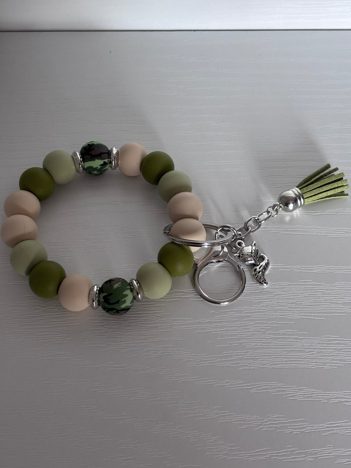 Hand‑Beaded Wristlet Keyring | Forest Greens, Beige & Camo Print with Fox Charm
