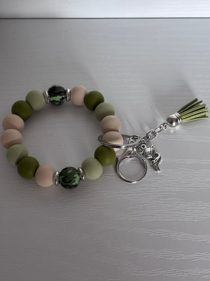 Hand‑Beaded Wristlet Keyring | Forest Greens, Beige & Camo Print with Fox Charm