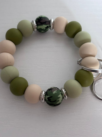 Hand‑Beaded Wristlet Keyring | Forest Greens, Beige & Camo Print with Fox Charm