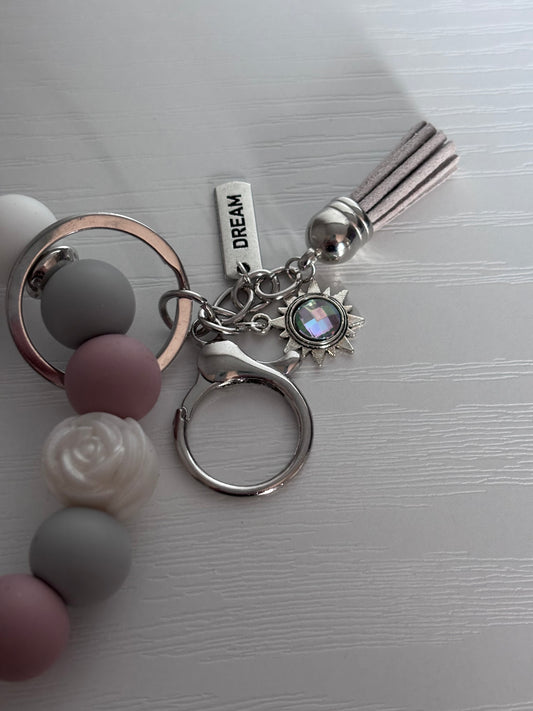 Hand‑Beaded Wristlet Keyring | Dusty Pink, Grey & White with “DREAM” Charm