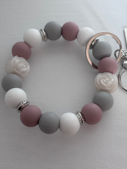 Hand‑Beaded Wristlet Keyring | Dusty Pink, Grey & White with “DREAM” Charm
