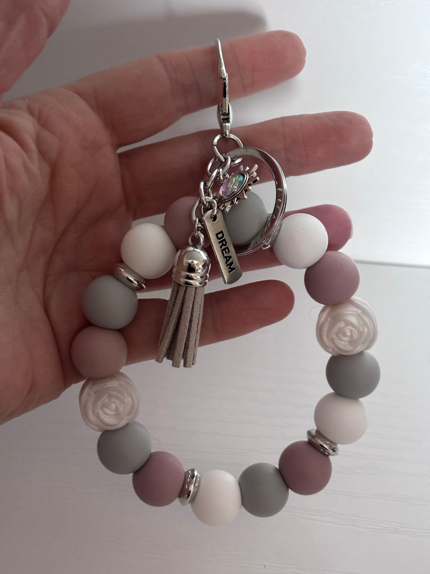 Hand‑Beaded Wristlet Keyring | Dusty Pink, Grey & White with “DREAM” Charm