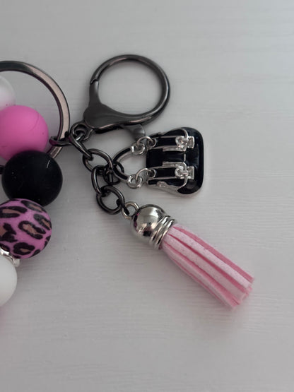Hand‑Beaded Wristlet Keyring | Pink, Black & Leopard Print with Handbag Charm