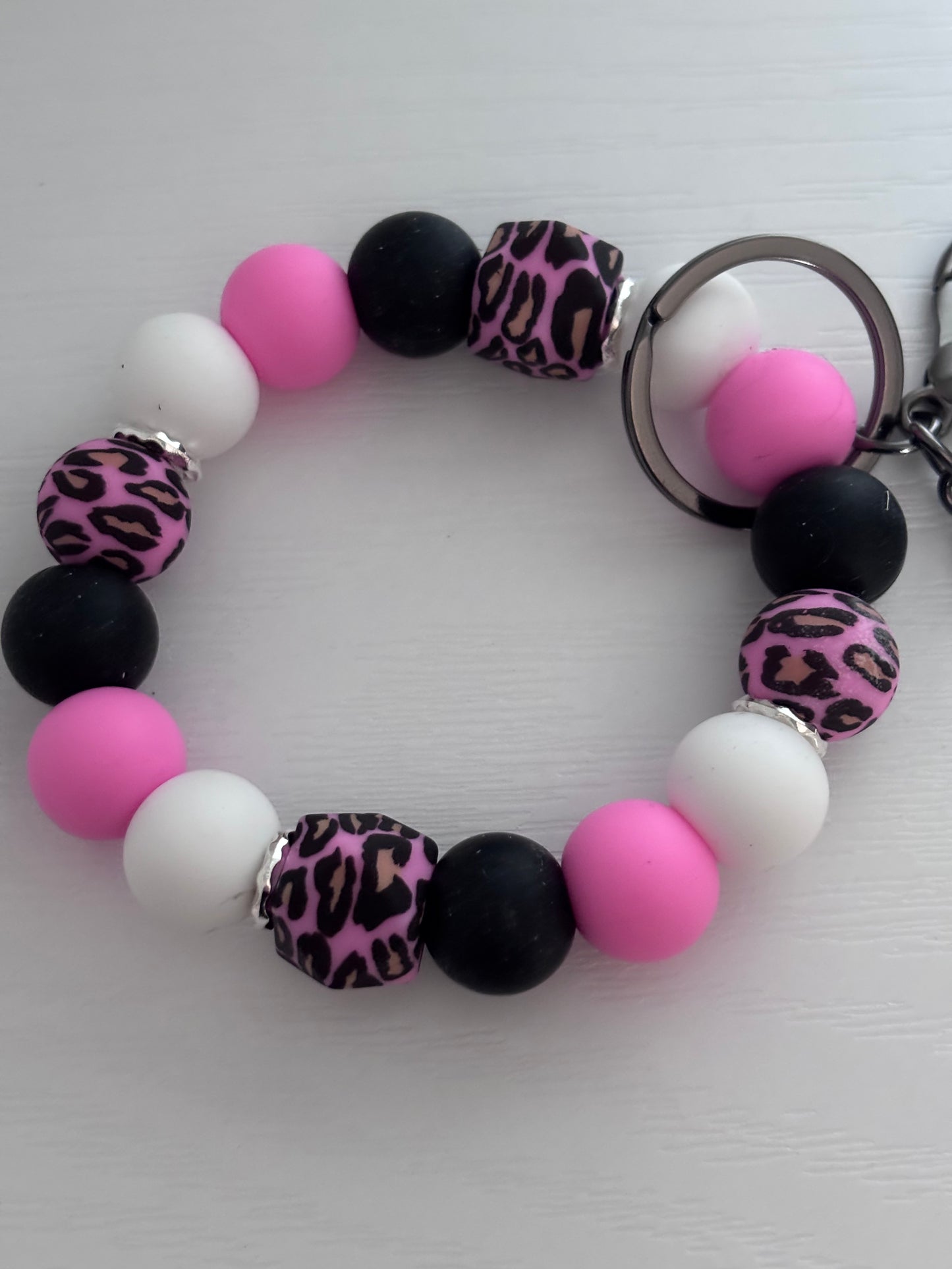 Hand‑Beaded Wristlet Keyring | Pink, Black & Leopard Print with Handbag Charm