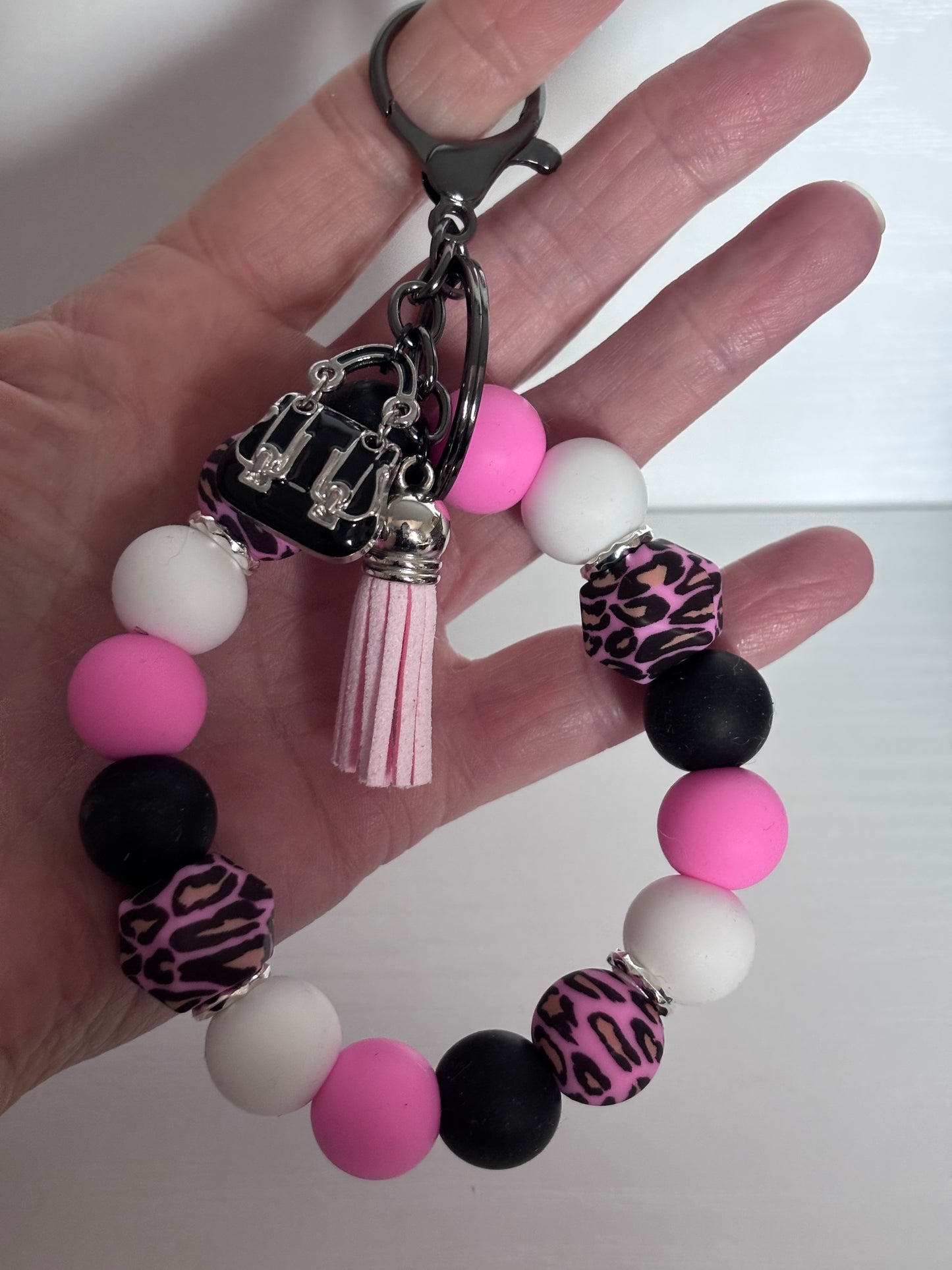 Hand‑Beaded Wristlet Keyring | Pink, Black & Leopard Print with Handbag Charm