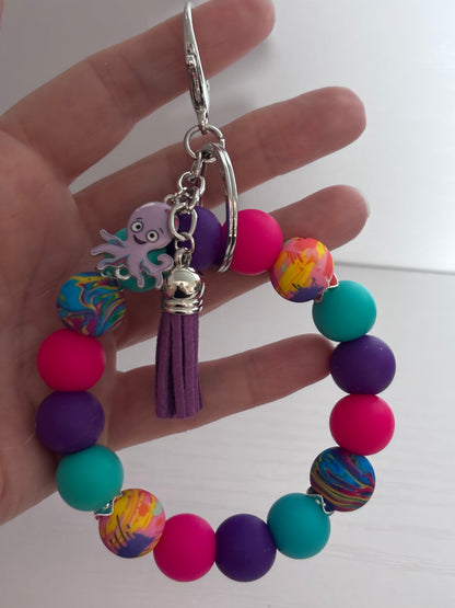 Hand‑Beaded Wristlet Keyring | Bright Multicolour Swirl Beads with Octopus Charm