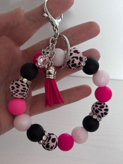 Hand‑Beaded Wristlet Keyring | Hot Pink, Black & Pale Pink Leopard Print with Teddy Bear Charm